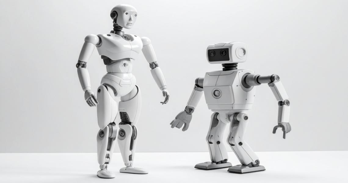Two humanoid robots standing together.