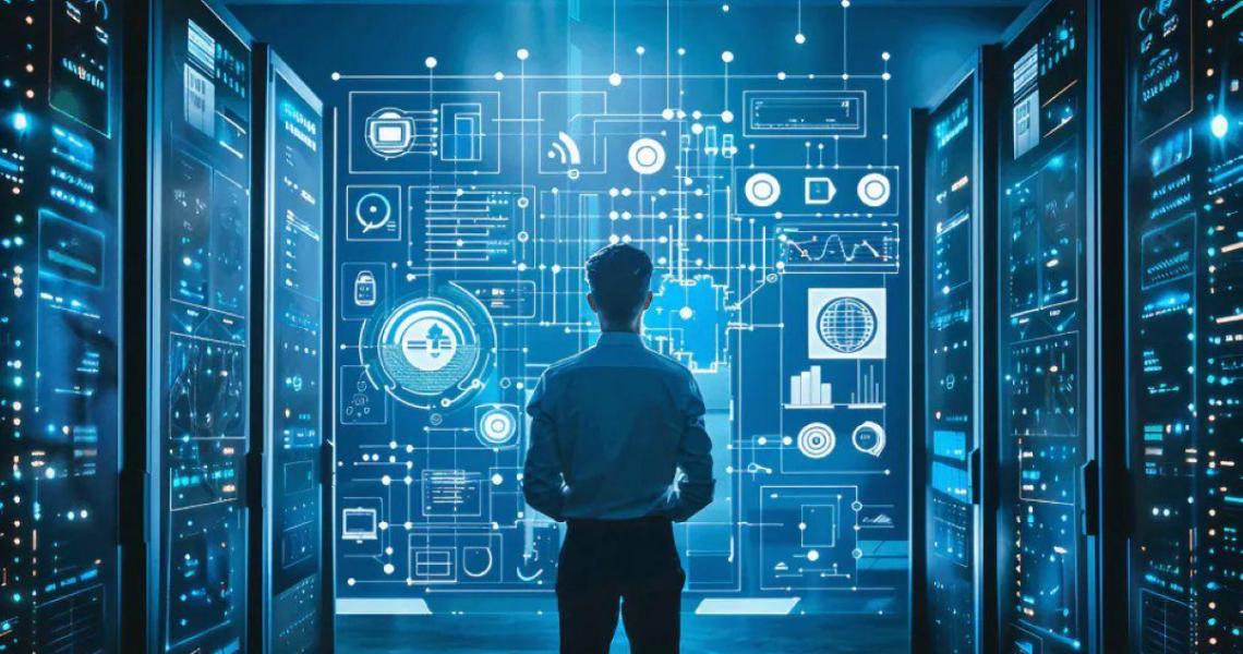 Man standing Infront of a holographic tech screen