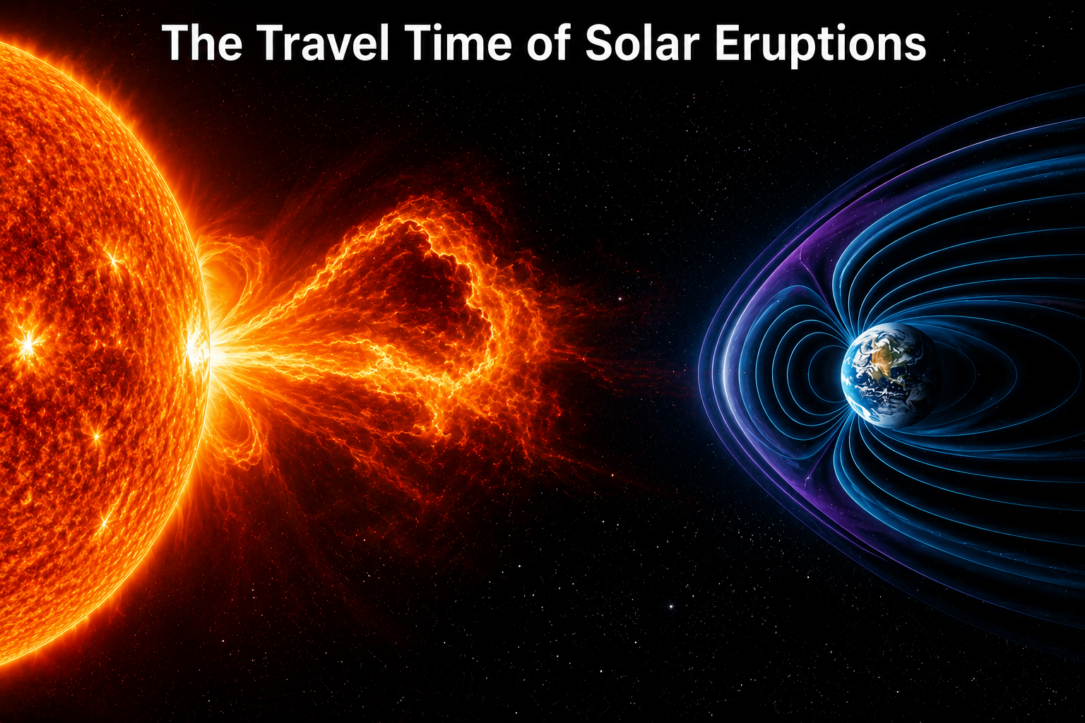Image of the sun sending out a solar flair and the earths magnetic field deflecting it. 
