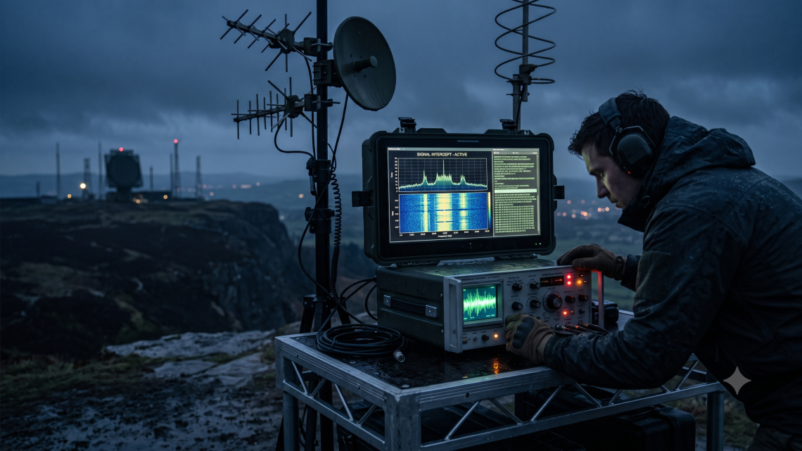 AI generated image of a man oporating radio equipment outdoors on a cloudy day. 