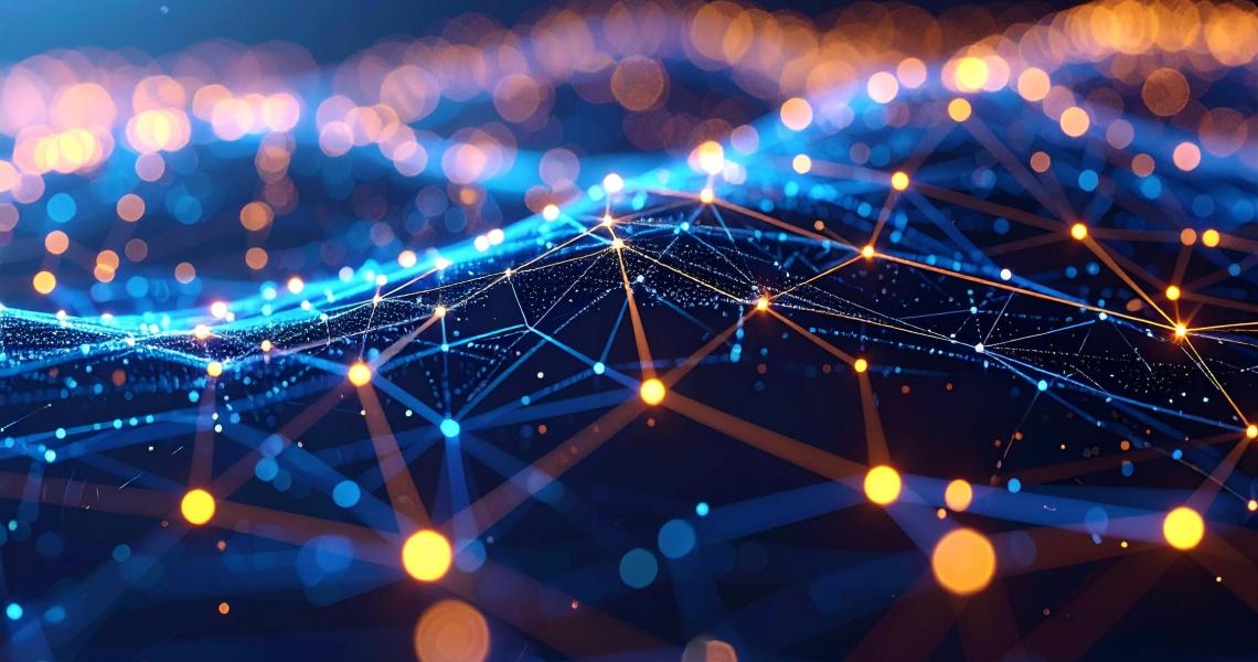 Abstract network with glowing orange nodes.