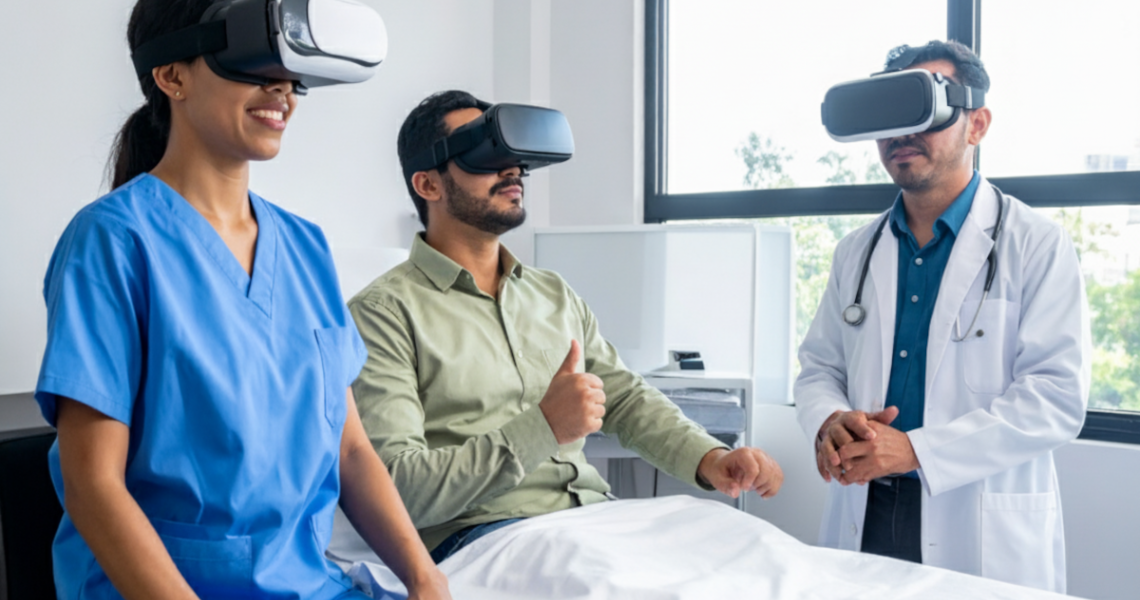 A patient, nurse and a doctor in VR, using the technology to see a simulation. 